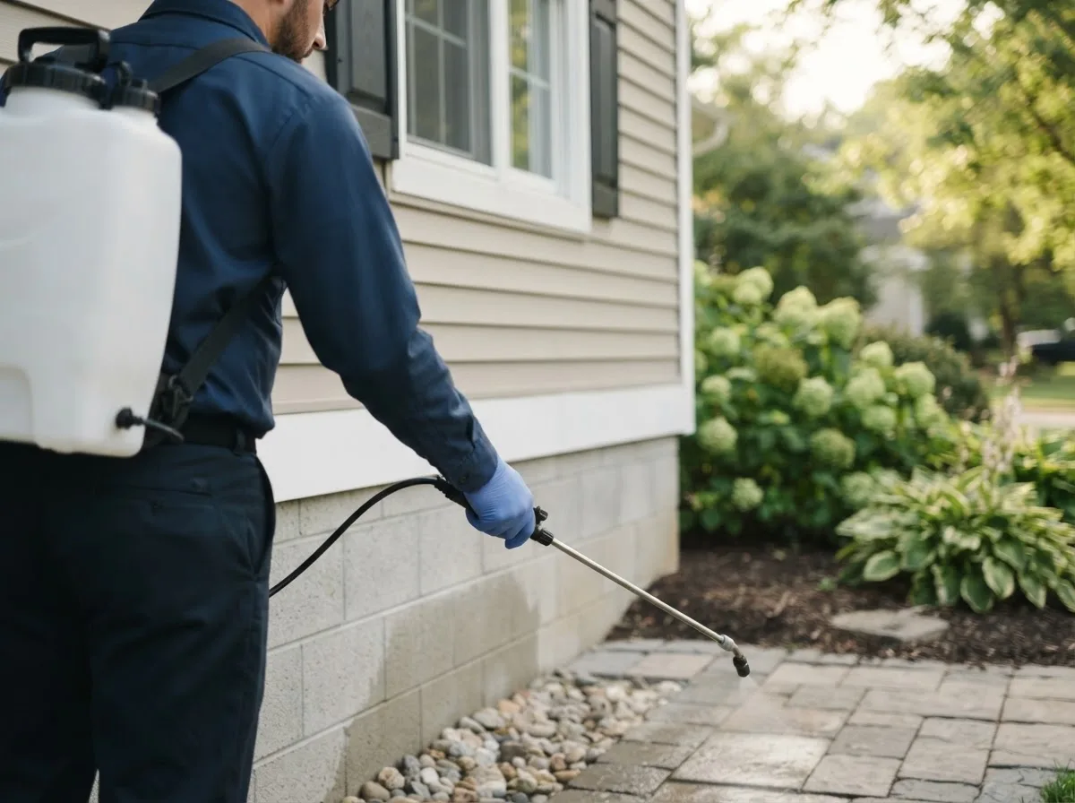 Pest control technician inspecting a home in Concord, IL